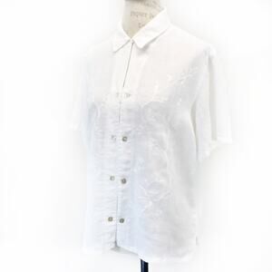 Fibers Barbara Lesser Linen Vtg White Button-down Shirt Blouse Top Casual Large